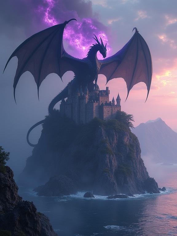 A massive black dragon towers over a castle town on an elevated cliff. The dragon breathes purple and black fire over the water. The scene depicts a dramatic sky with lightning and a mystical atmosphere.