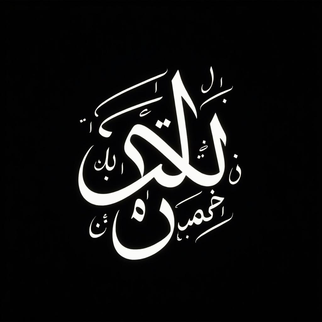 The image features stylized Arabic calligraphy elegantly arranged in a dynamic composition. The text prominently displays 'nooran' in white on a stark black background. This creates a striking contrast that draws the eye. The fluid and expressive form showcases intricate loops and curves, with each character blending harmoniously. The play of light and shadow enhances the depth, emphasizing the graceful forms of the letters. This artwork reflects a modern take on traditional calligraphy, merging creativity with deep-rooted cultural significance.