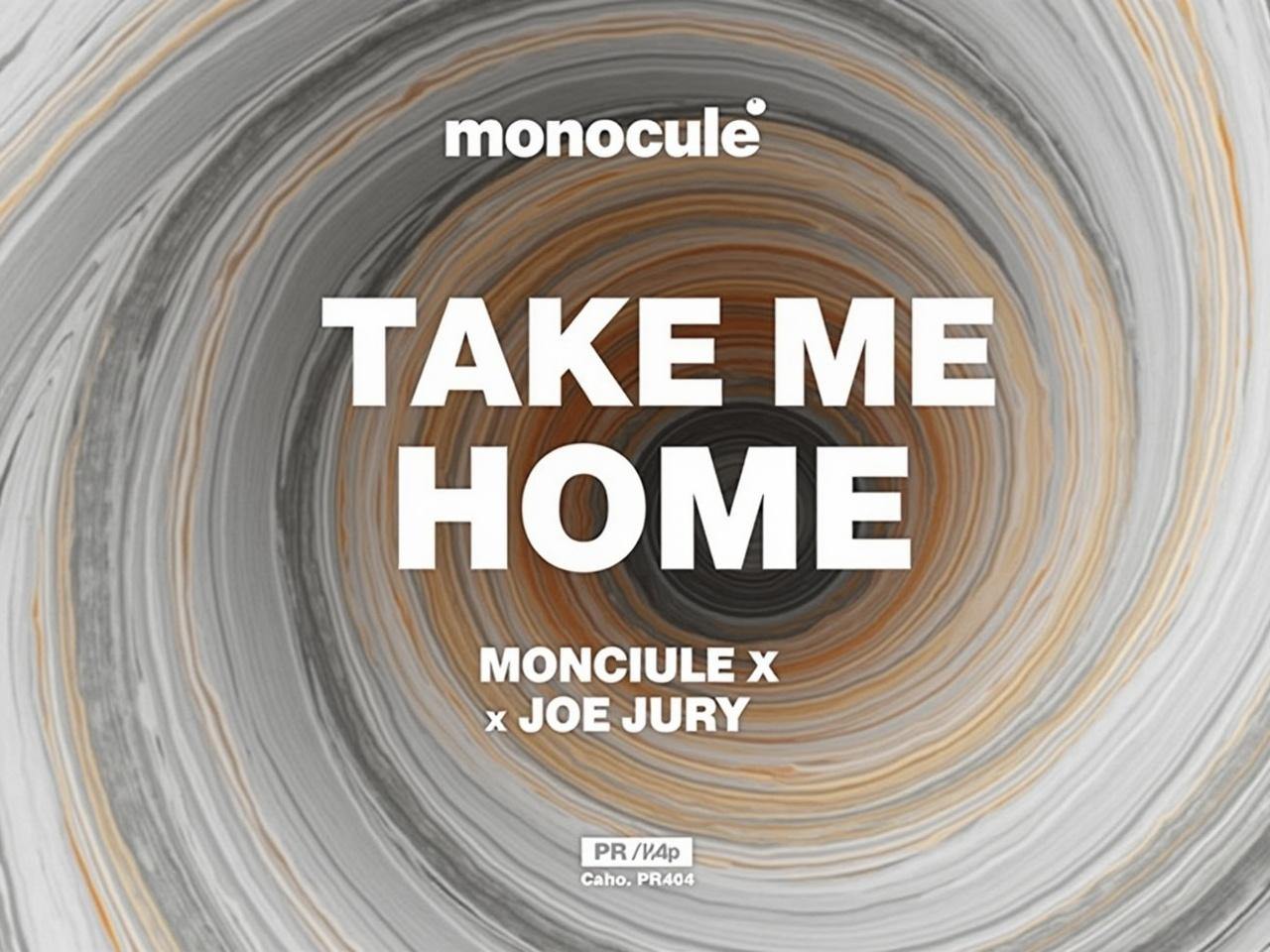 The image features an artistic cover design for a music release. It has a swirling abstract background with colors primarily in shades of grey, orange, and white. The title "TAKE ME HOME" is prominently displayed in bold white lettering at the center of the image. Above the title, the name "monocule" appears in smaller text. At the bottom, the collaboration is noted as "MONOCULE x JOE JURY" along with a catalog number "PR404." The overall feel of the image is dynamic and modern.