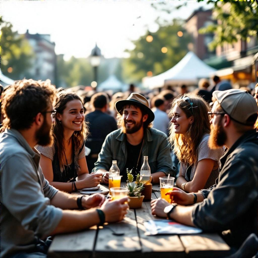 Group of people sitting together at an outdoor event. Friends interacting and enjoying drinks at a table. Natural sunlight and festive atmosphere with other people in the background.