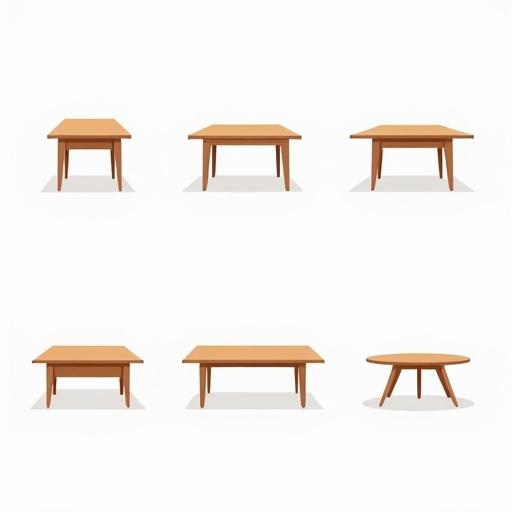 Set of tables designed in vector SVG style. Flat design with a plain white background. Features multiple angles of the tables.