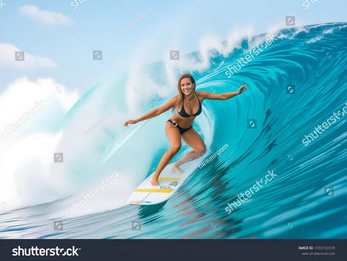A woman riding a wave while surfing. The surfboard is visible below her feet. A large ocean wave curls around her. The scene is vibrant and captures the thrill of surfing.