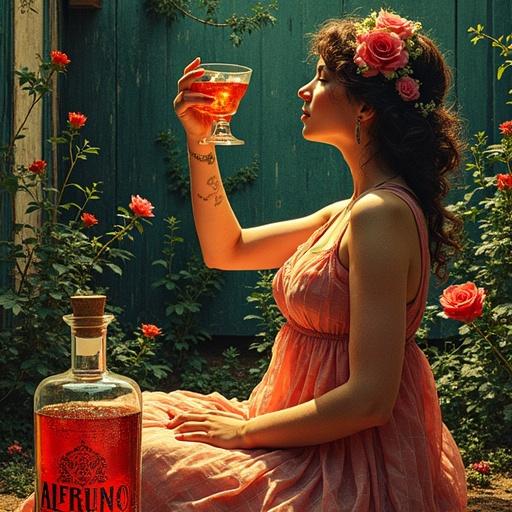 Stylized advertisement features a 1920s speakeasy scene. A radiant goddess in a semi-transparent silk dress enjoys a meditation session. She toasts her male partner with a cocktail glass of shimmering red herbal liqueur. Surrounded by wildflowers, herbs, and lush greenery. Foreground includes a prominent apothecary-style bottle labeled 'ALFRUNO' in elegant script.