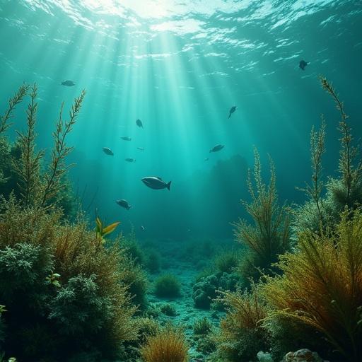 Underwater scene showcasing algae and marine life. Sunlight beams penetrate the water creating a serene atmosphere. Fish swimming among aquatic plants in a rich marine environment.