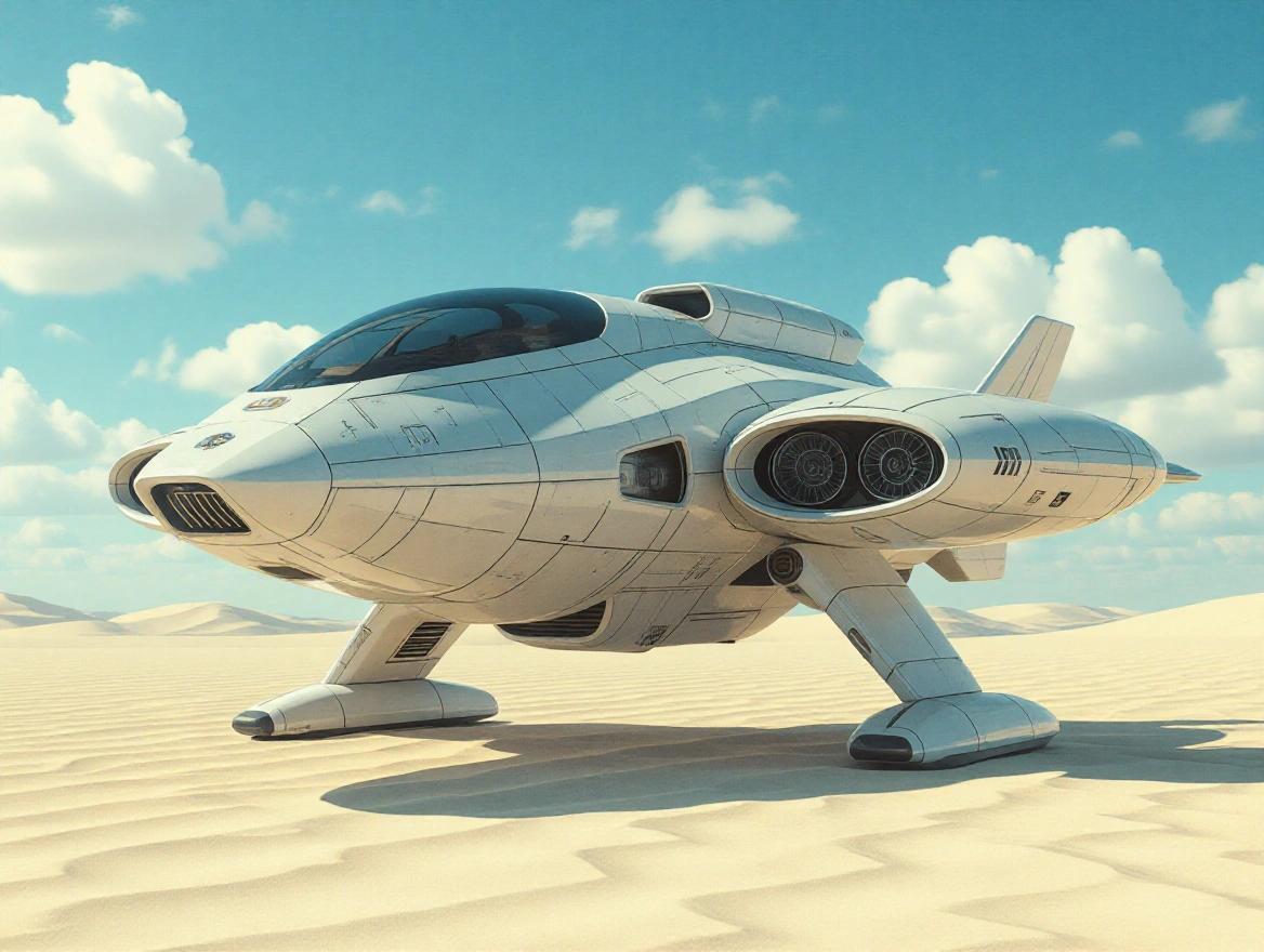 Cinematic small light grey sleek sci-fi military hover drone with 2 small Dyson engines in a white desert under a blue sky with clouds. Showcase realism with detailed textures and 4K quality of shadows.