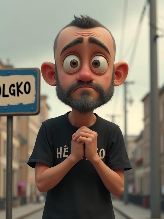 Pixar cartoon-style character of a sad-looking man with dark buzz cut with grey sides stubble on cheeks and chin large dark eyes big ears wearing a black t-shirt labeled 'HELGOS' standing by a blue border sign reading 'POLSKO' hands pressed together in begging pose hope and desperation warm colors