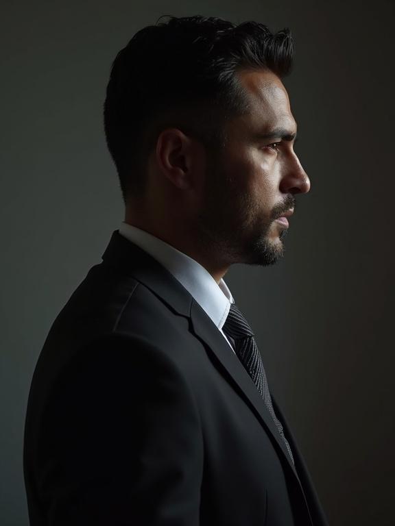 Profile shot of a man. He is good looking and Latino. He wears a dark suit and shirt. The lighting is low and dramatic.