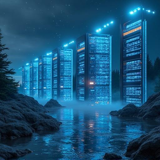 Futuristic image of servers in a scenic environment. Servers illuminated with blue light. Located in a misty setting near water. Rocky terrain in the foreground with high-tech elements.