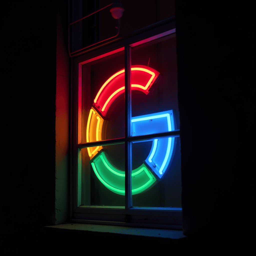 A neon sign in primary colors shaped like a 'G' is illuminated in a window.