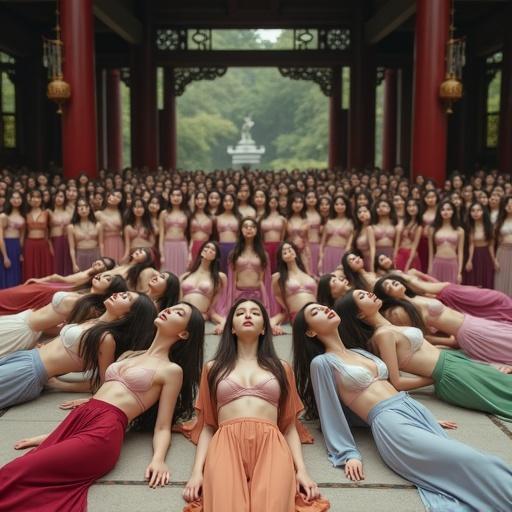 A gathering of beautiful women in luxurious traditional Chinese lingerie. They wear bras and panties of different colors. In the center, five women lie on their backs. They are in a pavilion setting. A classical Chinese fantasy backdrop enhances the scene.