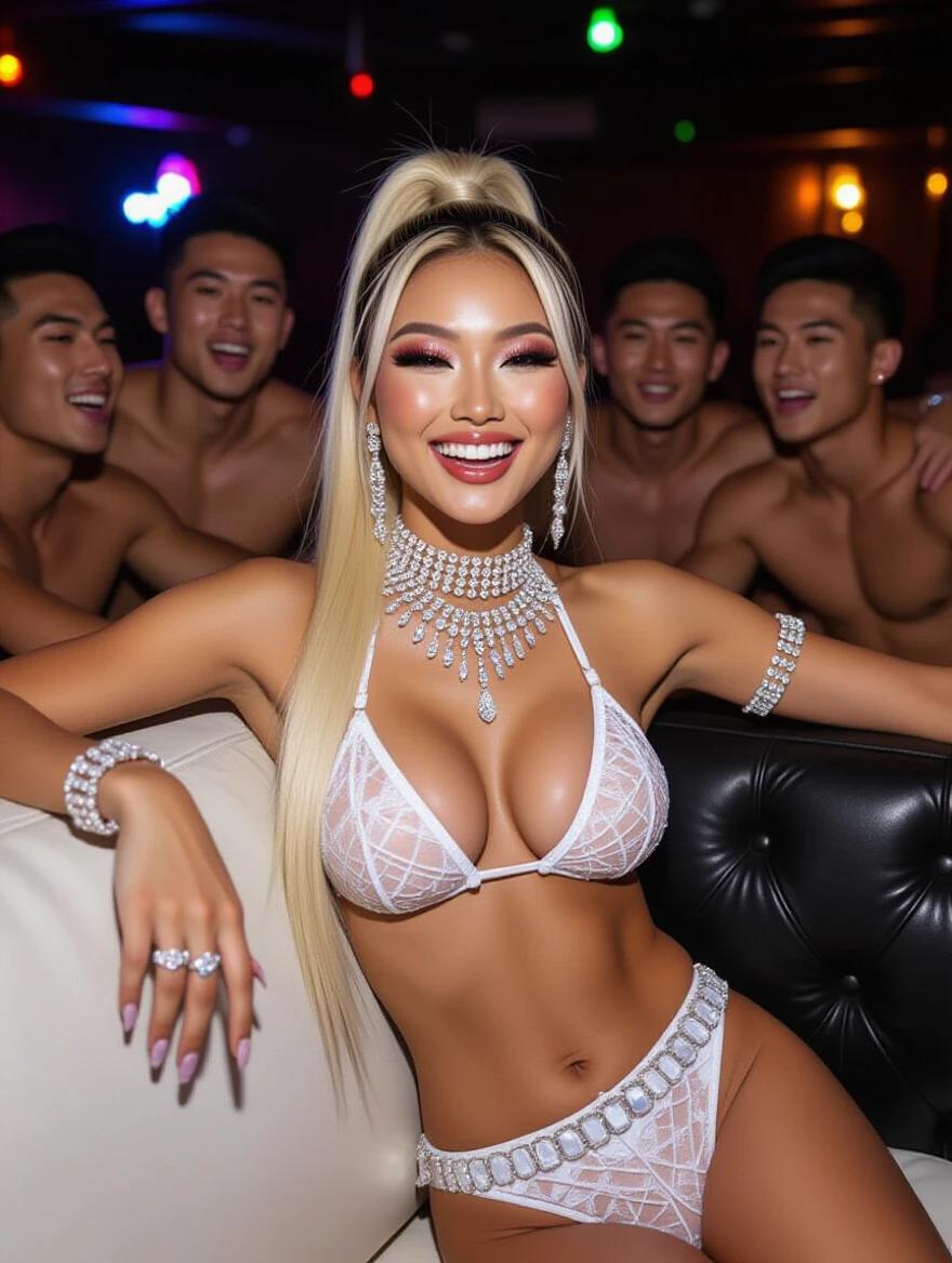 Asian model poses on sofa in nightclub lounge wearing edgy wedding bikini. Model has high blonde ponytail. She wears heavy crystal jewelry. Bright makeup enhances her features. Friends with muscular builds are seated behind her. Relaxed and smiling in party atmosphere.