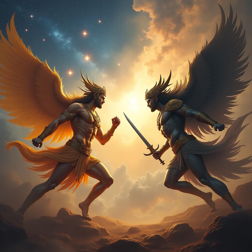 The image depicts a dramatic celestial battlefield featuring Hindu devas clad in golden armor facing off against asuras in shadowy forms. Each figure wields divine weapons, showcasing their readiness for battle. They stand against a vibrant cosmic sky filled with twinkling stars and radiant light. This confrontation represents the struggle between good and evil in mythology. The ethereal lighting enhances the mystical atmosphere of the scene, drawing the viewer into the narrative of their timeless clash.