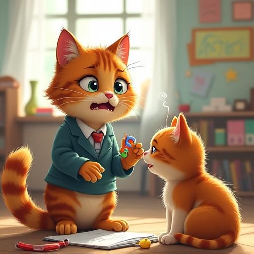 A digital illustration features a tabby cat teacher looking panicked while comforting a crying kitten. Cat is kneeling and holding a toy. Sweaty forehead indicates worry. Bright classroom filled with colorful posters in the background.