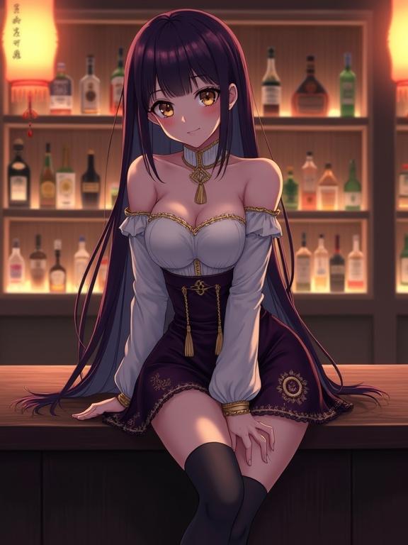 Anime-style woman has long dark violet hair. She wears a white top with gold accents. Her high-waisted skirt is dark purple with gold embroidery. She sits on a dark surface. One leg is crossed over the other. Elbow rests on the surface. Hand is near her face. She has light brown eyes and a serene expression. Background is a dimly lit bar in Sakai, Osaka. Shelves hold various bottles of alcohol. Softly glowing lanterns hang above. Warm intimate atmosphere. Highly detailed digital painting.