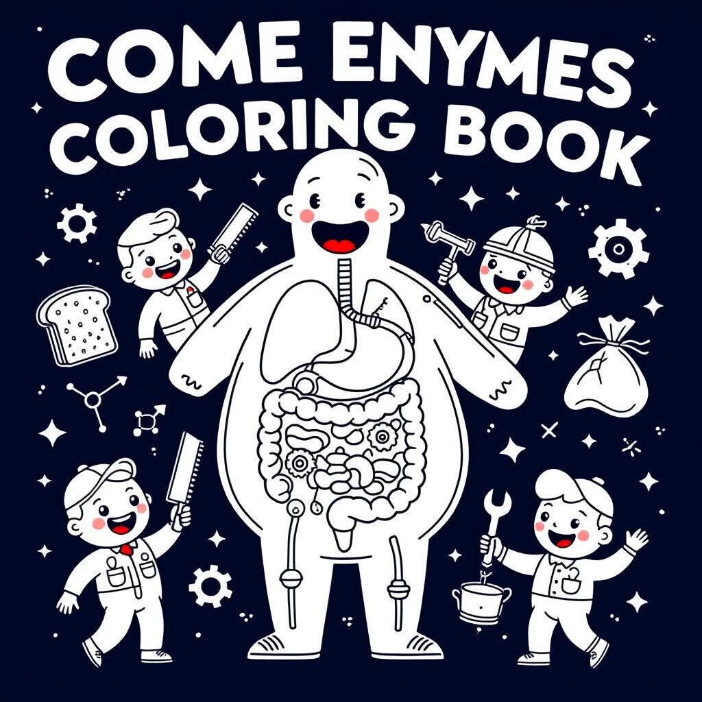 Black and white illustration for children's coloring book. Cartoon enzymes working inside human body. Body is semi-transparent. Cute mechanic characters with tools. Fixing and breaking down molecules like bread, proteins, fats. Each organ has different enzyme workers. Stomach, intestines, mouth, liver depicted. Fun science details like gears, molecule symbols, arrows to show action. Thick, bold outlines, no shading, designed for children's coloring.