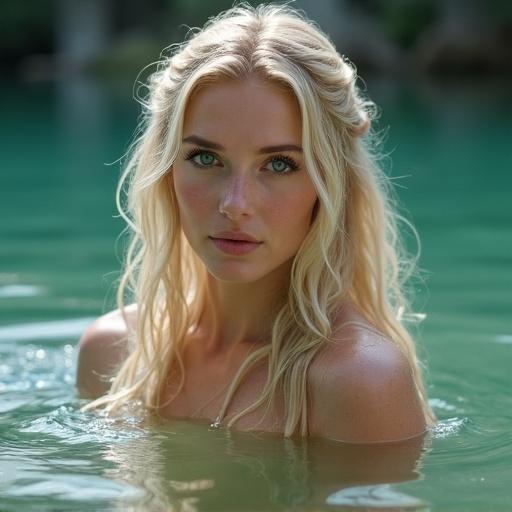 Beautiful elvish woman with blond hair and blue eyes taking a bath in a lake