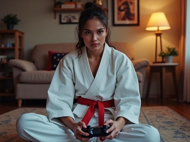 Female fighter in karate gi sits cross-legged on the living room floor. She plays a fighting video game. A game controller is held in her hands. Bright soft lighting surrounds her. Elegant decor enhances the scene.