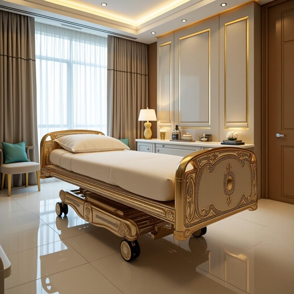 Luxurious hospital bed designed with gold accents. Bed features ornate details and elegant design. Soft ambient lighting enhances the room's decor. Modern interior with clean lines and a sophisticated atmosphere.