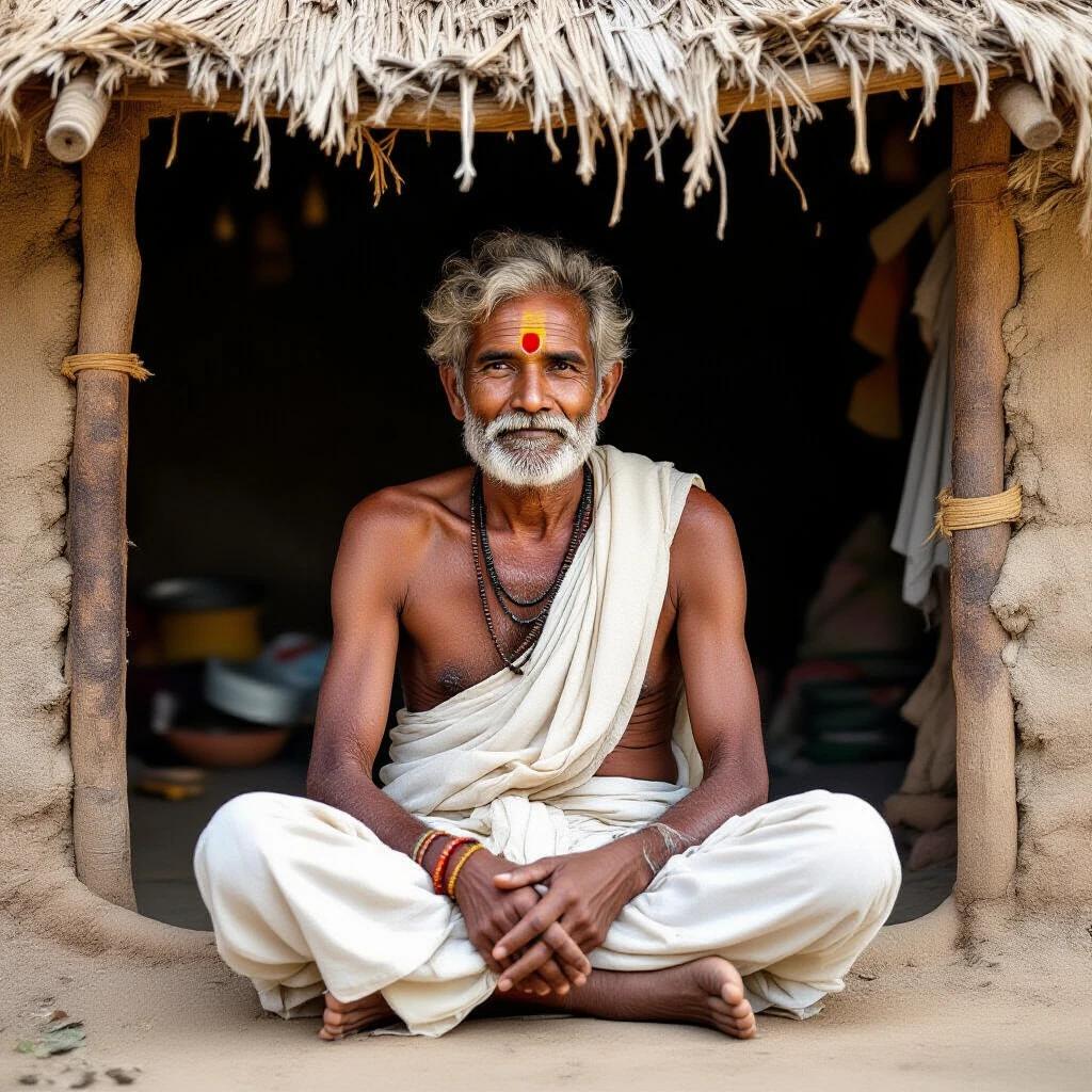 A thin humble man sits cross-legged in a dimly lit mud hut. He wears a simple old white dhoti and a sacred thread. His gentle worn-out face shows wisdom and quiet suffering. The setting includes rough walls and a flickering clay lamp. His wife touches his shoulder with a hopeful smile. The atmosphere conveys themes of humility and inner conflict.