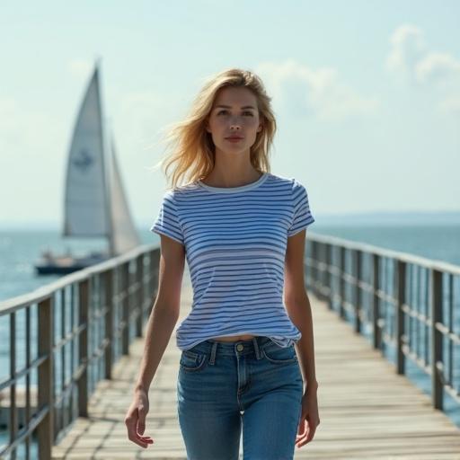 Cinematic image featuring a model with blond hair in blue and white striped t-shirt and jeans. She is walking towards the camera on the pier. Background shows the sea and a sailboat.