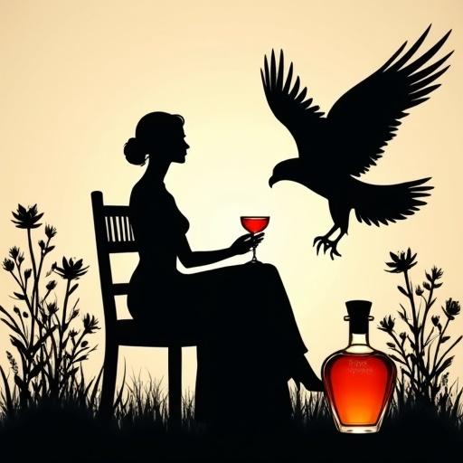Minimalist silhouette art features a graceful woman sitting on a wooden chair. She holds a glass of red liqueur. An oversized falcon flies nearby. Floral elements surround the scene. An apothecary bottle labeled ALFRUNO shines with a golden glow. The design emphasizes an elegant, serene atmosphere.