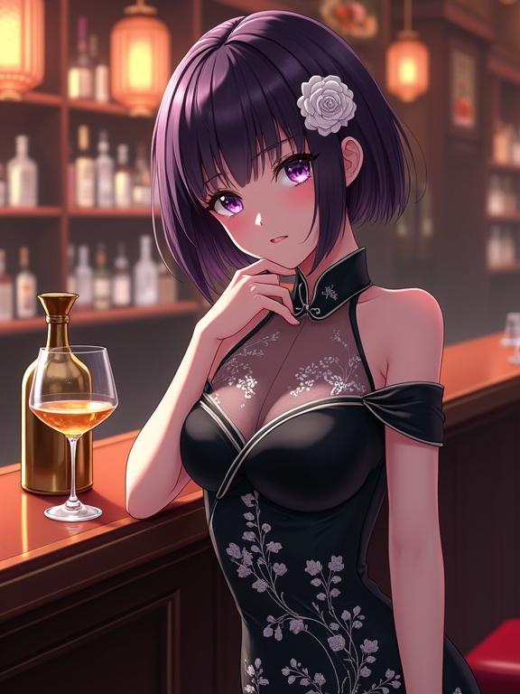 Beautiful anime woman with short dark purple hair. She wears a glossy black cheongsam dress with silver floral embroidery. She leans against a bar counter. A glass of liquor and a golden bottle are on the bar. The background features a high-end bar with soft lighting. The atmosphere is sophisticated and intimate. The art style is semi-realistic and ultra-detailed.