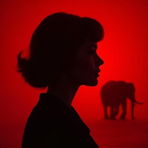 Dramatic thriller-style thumbnail. Deep red background. Shadowy silhouette of woman with 1960s hair. Elephant faintly visible in background.