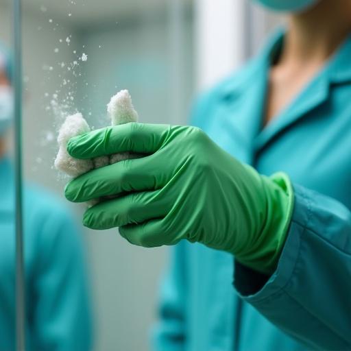 Close up view of a janitor's hand in turquoise uniform cleaning glass with a cloth while wearing green gloves.