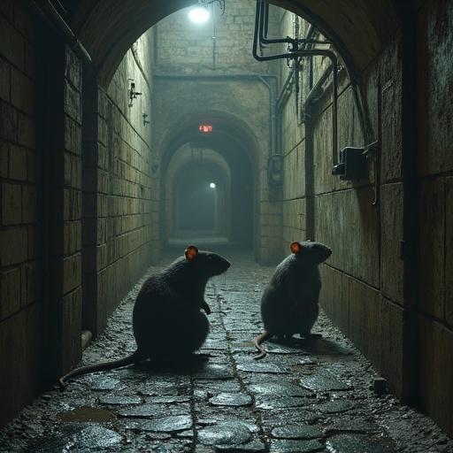Two rats in a dimly lit sewer tunnel. The setting has a dark atmosphere with brick walls and soft light.