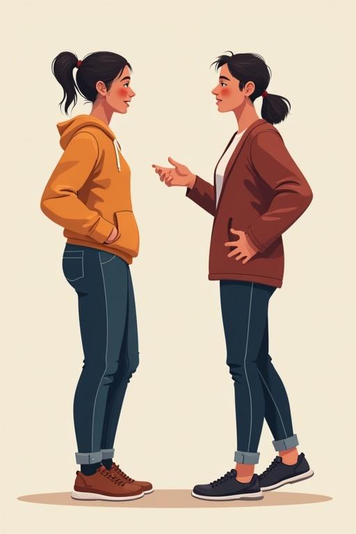 Two individuals are engaged in a conversation. They are standing face to face. One wears an orange hoodie and the other wears a brown jacket. They appear to be sharing thoughts. The background is a light beige color.