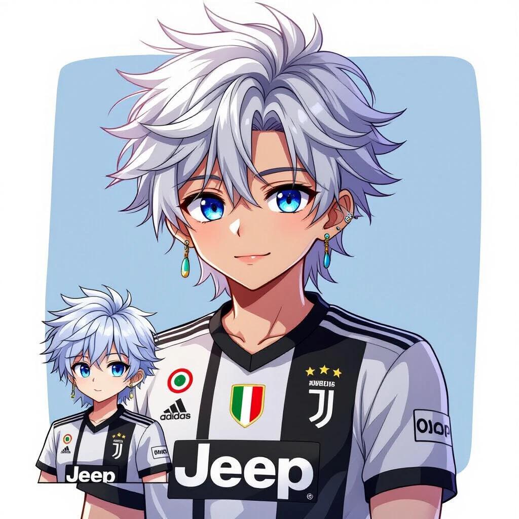 Anime-style illustration highlights a character with striking blue eyes and messy white hair. The character wears a black and white Juventus jersey featuring the Jeep logo at the center. Soft lighting emphasizes gentle expression. Vibrant colors enhance engagement.