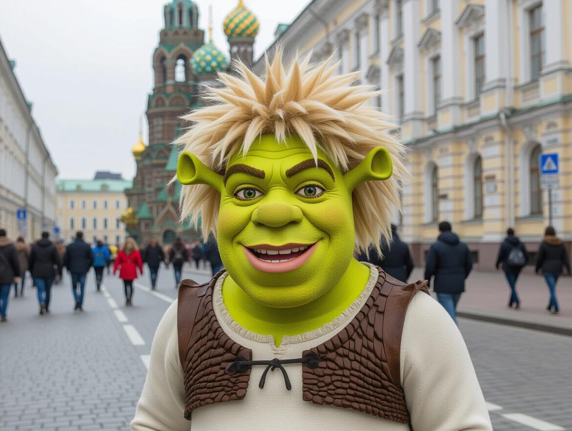 Shrek character with blonde afro hairstyle reports from the street in St. Petersburg
