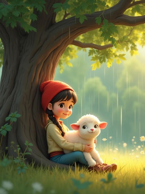 A girl sits under a large old tree. She holds a small white lamb in her arms. The scene is calm and in cartoon style. Warm colors are present despite the rain.
