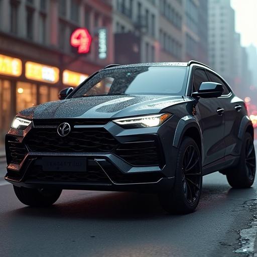 A modern urban crossover SUV parked on a city street at night. The car has a sleek, aggressive design with a black finish. Rain creates reflections on the pavement. City lights contribute to the atmosphere of the scene.