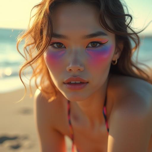 Close-up of a model's face showcasing bold beach-inspired makeup. Background features beach sand and gentle ocean waves. Shot taken with a Fujifilm GFX 100S and an 80mm lens. Soft bounce light creates even skin illumination. Captured at eye level with a slight head tilt for dimension. Ethereal feel from swirling smoke.