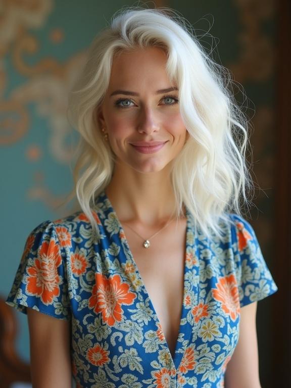 A woman with white hair wearing a blue and orange floral dress. She has a warm smile and is positioned in front of a decorative background.