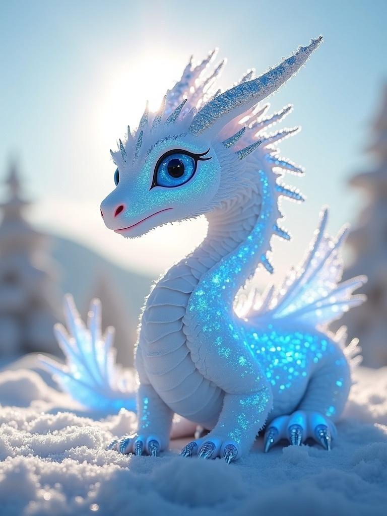 A dazzling scene with a radiant, snowy white dragon. The dragon has large bright blue eyes sparkling like stars. Shimmering patterns adorn its body resembling peacock scales. It sits on sparkling snow, with sunlight filtering through a light blue sky illuminating the scene.