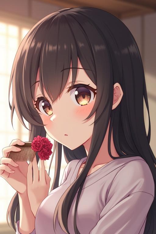 Attractive anime woman creating a comb. She holds a small flower nearby. Beautiful long hair flows gracefully. The scene captures a warm ambiance. Natural light enhances the serene setting.