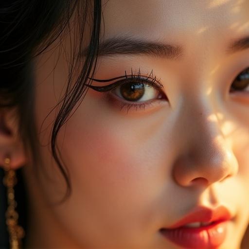 A headshot image of a beautiful young Chinese woman showcasing her captivating eyes. Elaborate eyeliner and painted eyebrows enhance her gaze. Soft lighting creates a glowing effect on her skin. The focus is on her eyes with blurred surroundings, using warm tones to capture ancient aesthetics. Her eyelashes and light reflections in her pupils emphasize allure.
