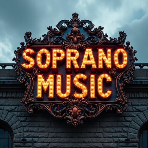 Large ornate SOPRANO MUSIC sign crafted from intricate metal parts. Sign's detailed colorful elements catch light and cast dynamic shadows on stone wall behind. Dark cloudy sky adds moody atmospheric backdrop enhancing imposing presence.