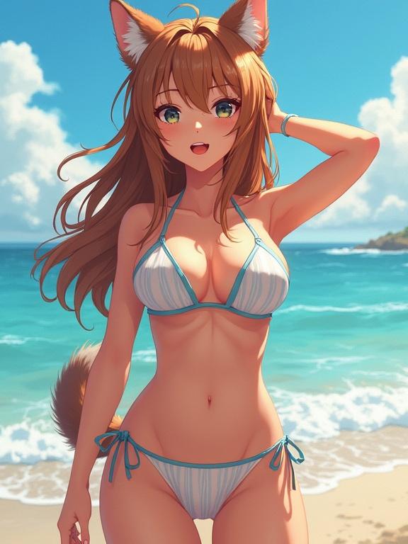 Anime furry woman wearing a striped bikini on the beach. The character has long brown hair and dog-like ears. The background features a clear blue ocean and a sunny sky.