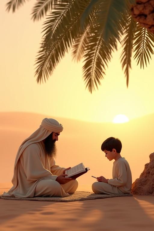 3D desert scene featuring wise elder in Islamic dress under date palm tree. Elder teaches young boy with books. Faces in shadow and attention shown by boy. Light golden ambience and gentle sandstorm in background.