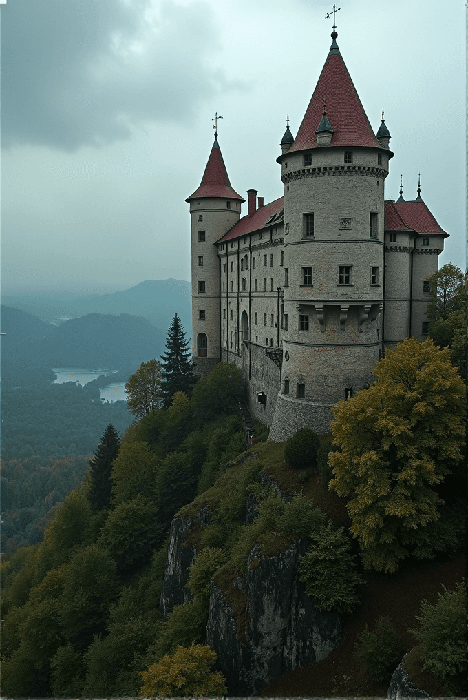 A grand castle with red roofs sits on a steep cliff surrounded by lush green forests.