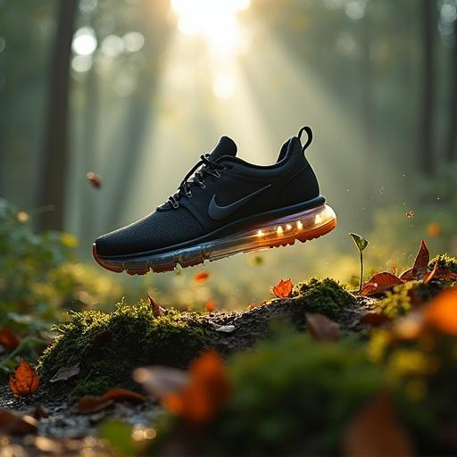 Nike sneaker mid-jump above the damp forest floor. Leaves and moss are on the outsole. Mist in the background with god rays through the trees. Translucent pod glows subtly. Natural motion blur on falling leaves. Captured with an 85mm lens at f/2.8 for soft bokeh.