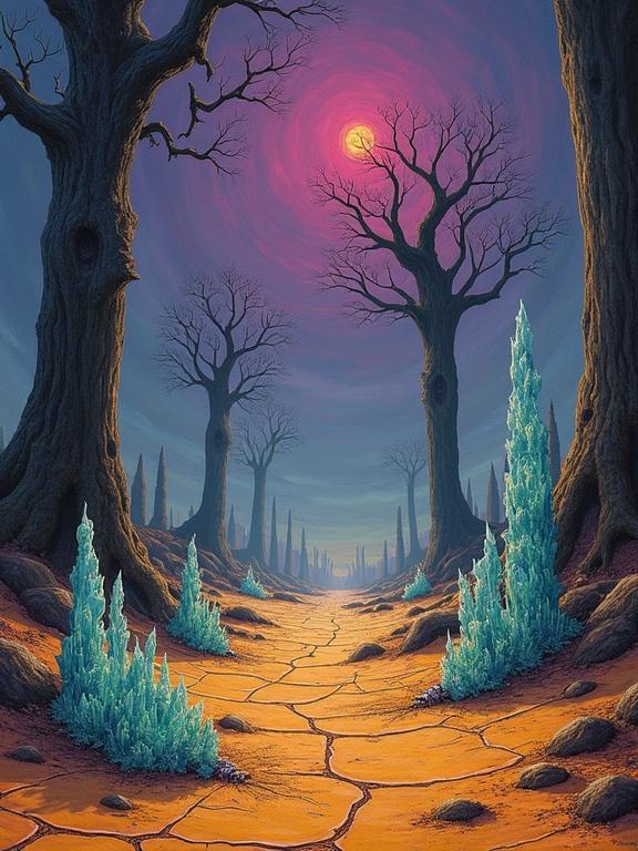 Surreal landscape painting featuring skeletal trees and a violet sky. Cracked earth with strange formations and shimmering crystals. Overall feeling of unease and isolation. Dark colors with electric highlights.