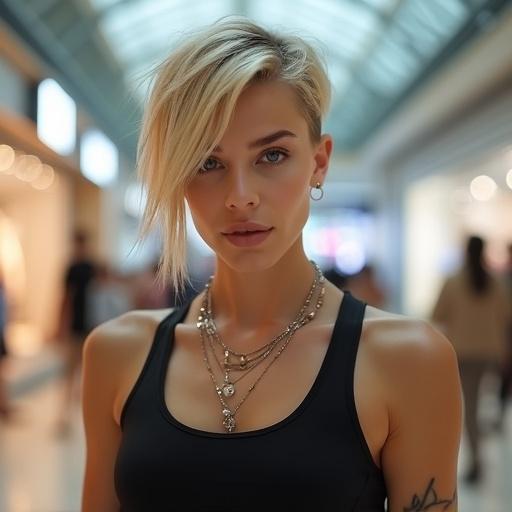 Medium shot of a young woman with a blonde asymmetrical pixie cut and long fringe. She has a soft gaze and is wearing a black tank top with layered necklaces. Small hoop earrings are visible. Background shows a brightly lit shopping mall with blurred storefronts. Indoor lighting creates a modern, confident, athleisure vibe.