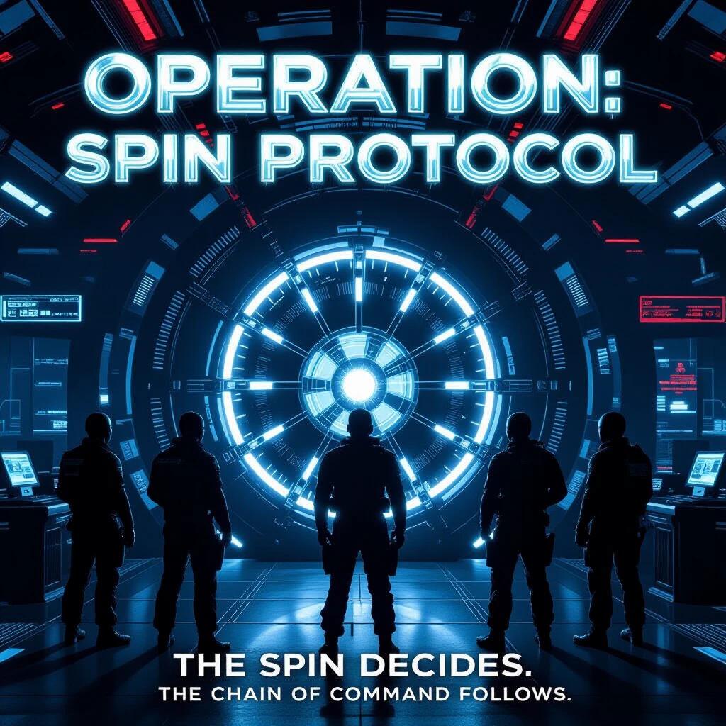 Dark command center filled with advanced technology. Central digital wheel emits a glowing light. Five operatives stand in shadow facing the wheel. The atmosphere is enhanced by blue and red lighting. Tactical HUD elements hover in the air. Title reads Operation Spin Protocol in bold metallic text. Subtitle presents The Spin Decides. The Chain of Command Follows.