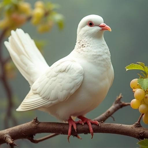 Happy white dove perched on a branch surrounded by grapes with a soft background.