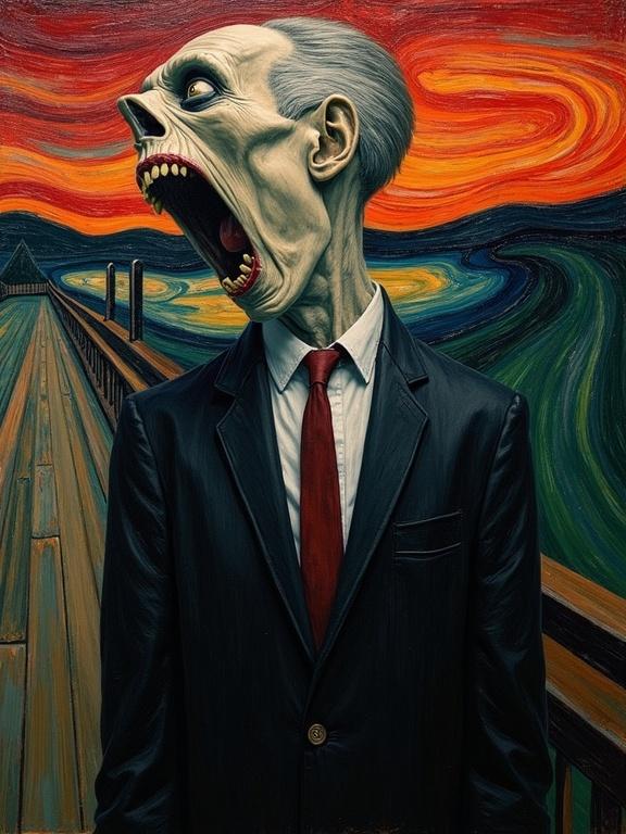 Highly detailed painting of a vampire inspired by Edvard Munch. A figure with a distorted face screaming. Wearing a suit with a red tie. Background with swirling orange and blue colors reminiscent of a sunset. Style blends neo-impressionism and expressionism. Thick layers of textured paint.