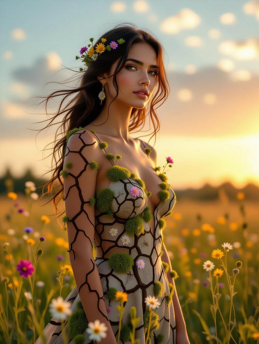A woman stands gracefully in a field. Her skin resembles cracked dry earth. From the cracks bloom wildflowers and green moss. The scene conveys nature and resilience. Warm sunset provides natural lighting. The artistic style is fantasy concept art.